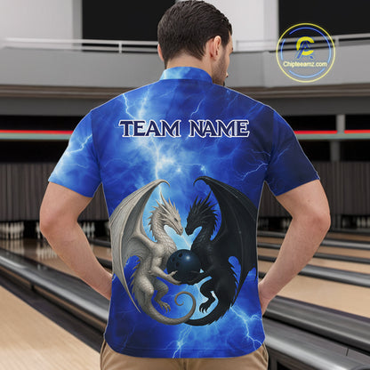 Black And White Dragon Blue Lightning Thunder Custom Bowling Shirt For Men, Dragon Bowling Team Shirt NQS10627