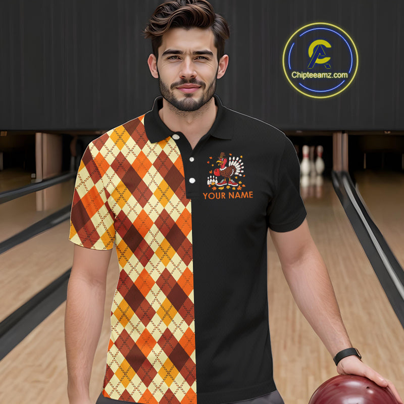 Funny Bowling Turkey Thanksgiving Mens Bowling Shirt Orange argyle pattern Custom Team Bowling Jersey NQS10848