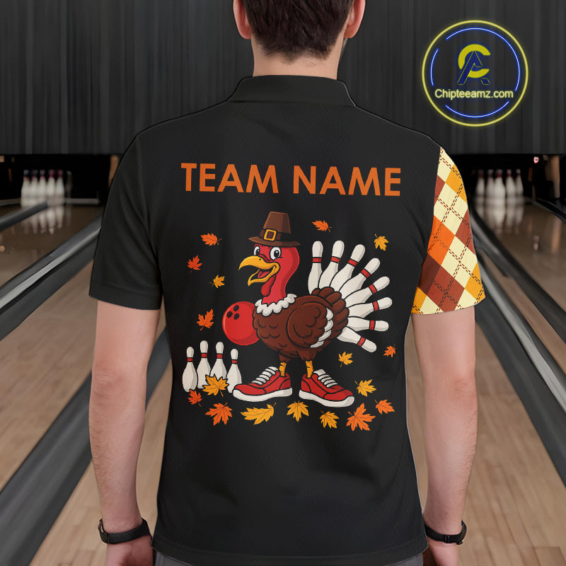 Funny Bowling Turkey Thanksgiving Mens Bowling Shirt Orange argyle pattern Custom Team Bowling Jersey NQS10848