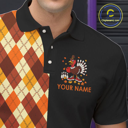 Funny Bowling Turkey Thanksgiving Mens Bowling Shirt Orange argyle pattern Custom Team Bowling Jersey NQS10848