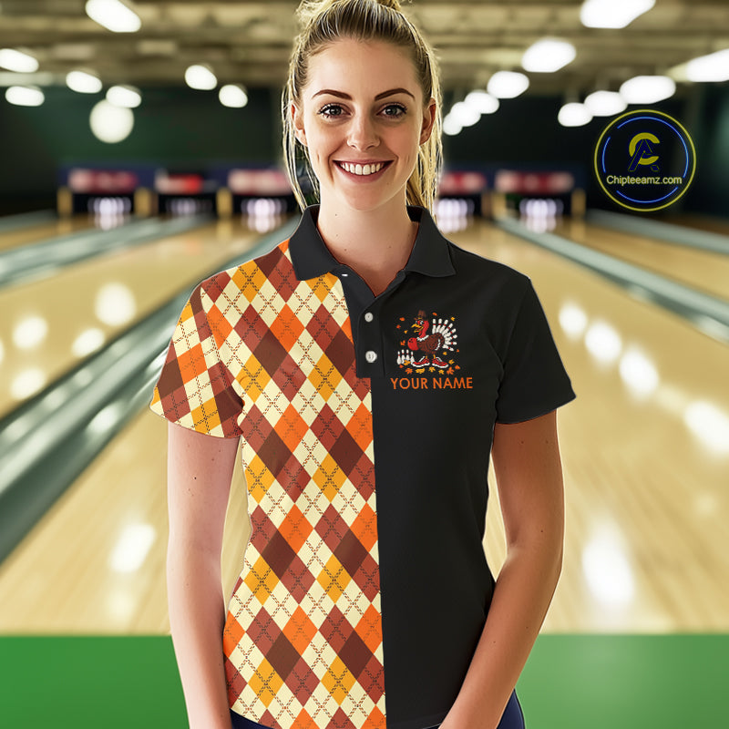 Funny Bowling Turkey Thanksgiving Women Bowling Shirt argyle pattern Custom Team Bowling Jersey NQS10848