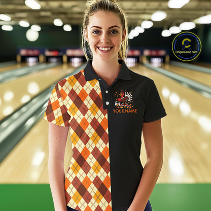 Funny Bowling Turkey Thanksgiving Women Bowling Shirt argyle pattern Custom Team Bowling Jersey NQS10848