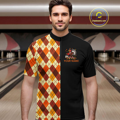 Funny Bowling Turkey Thanksgiving Mens Bowling Shirt Orange argyle pattern Custom Team Bowling Jersey NQS10848