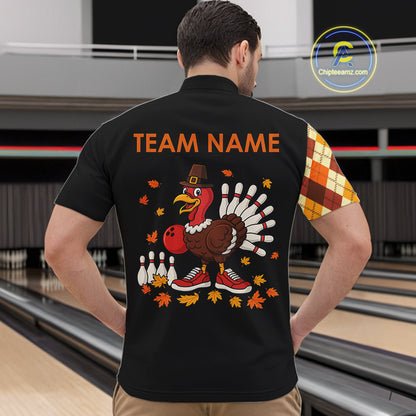Funny Bowling Turkey Thanksgiving Mens Bowling Shirt Orange argyle pattern Custom Team Bowling Jersey NQS10848