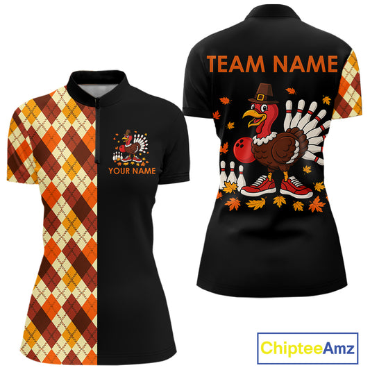 Funny Bowling Turkey Thanksgiving Women Bowling Shirt argyle pattern Custom Team Bowling Jersey NQS10848