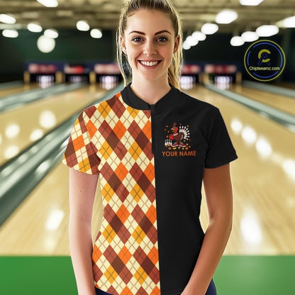 Funny Bowling Turkey Thanksgiving Women Bowling Shirt argyle pattern Custom Team Bowling Jersey NQS10848
