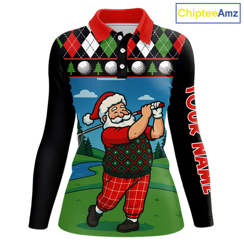 Funny Santa Golf argyle pattern Christmas Golf polo shirts for Women custom Christmas golf gifts NQS10856