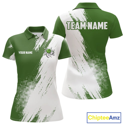 Custom Green and White Strike Bowling Shirts Women Polo, 1/4 Zip Bowling Team Jerseys Bowling League NQS11037