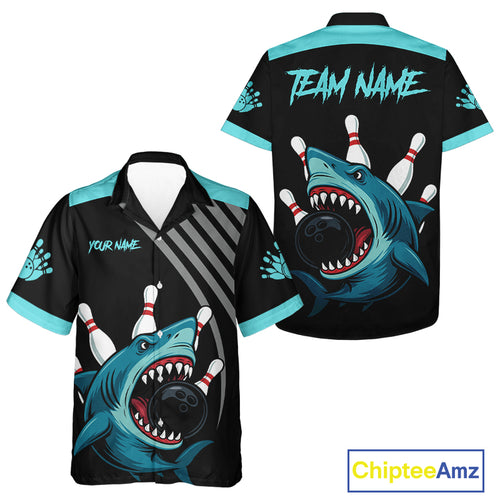 Funny Cyan Blue Shark Bowling Button up shirt Custom Team Shark Bowling Outfit Hawaiian Jersey NQS11042