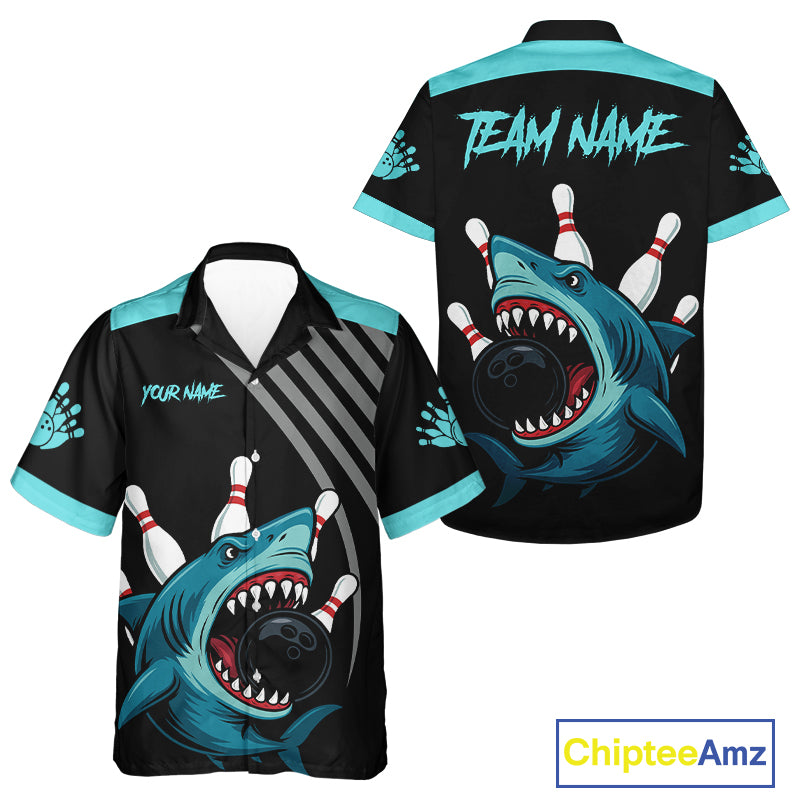 Funny Cyan Blue Shark Bowling Button up shirt Custom Team Shark Bowling Outfit Hawaiian Jersey NQS11042