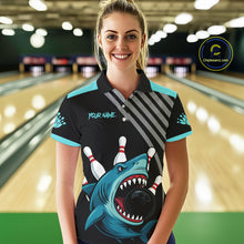 Load image into Gallery viewer, Funny Cyan Blue Shark Women Bowling Polo, Quarter Zip Shirts Custom Team Shark Bowling Outfit Jersey NQS11042