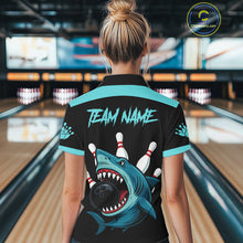 Load image into Gallery viewer, Funny Cyan Blue Shark Women Bowling Polo, Quarter Zip Shirts Custom Team Shark Bowling Outfit Jersey NQS11042