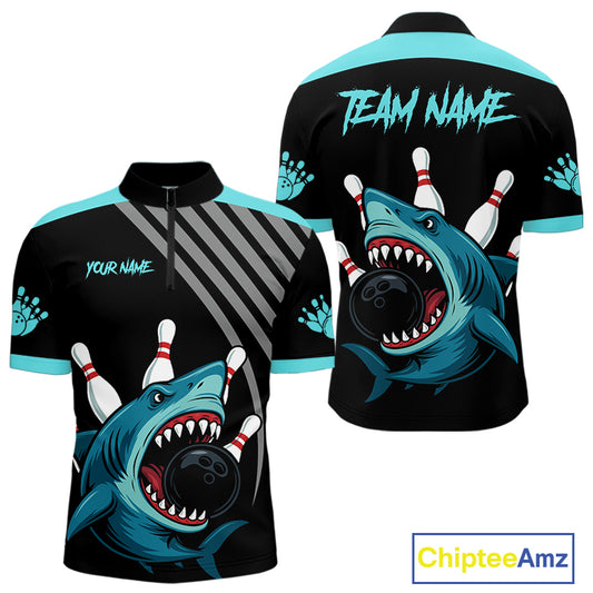 Funny Cyan Blue Shark Men Bowling Polo, Quarter Zip Shirts Custom Team Shark Bowling Outfit Jersey NQS11042