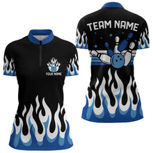 Load image into Gallery viewer, Black and Blue Flame Retro Bowling Polo, Quarter Zip Shirt for Women Custom Bowling Team Jerseys NQS9155