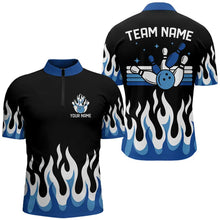 Load image into Gallery viewer, Black and Blue Flame Retro Bowling Polo, Quarter Zip Shirt for Men Custom Bowling Team Jerseys NQS9155