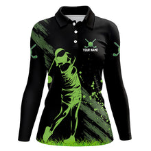 Load image into Gallery viewer, Black and Green Womens Golf Polo Shirts custom golf shirt for women, personalized golf gift for ladies NQS9157