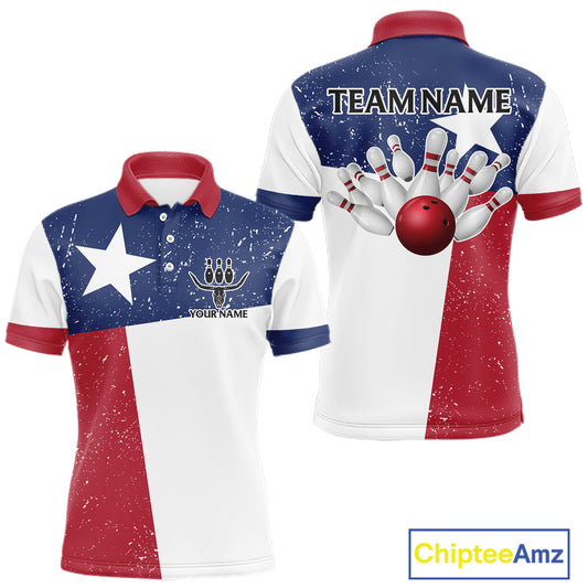 Grunge Texas Flag Bowling Polo, 1/4 Zip Shirts For Men Custom patriotic Texas Team Bowling Jerseys NQS11239