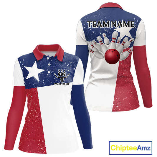 Grunge Texas Flag Bowling Polo, 1/4 Zip Shirts For Women Custom patriotic Texas Team Bowling Jerseys NQS11239
