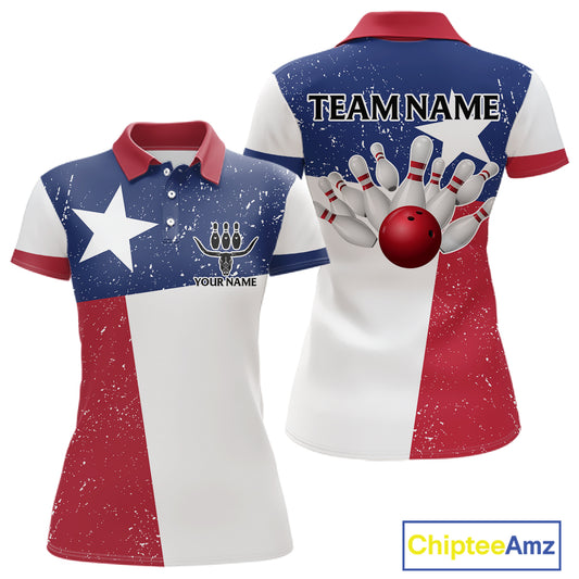 Grunge Texas Flag Bowling Polo, 1/4 Zip Shirts For Women Custom patriotic Texas Team Bowling Jerseys NQS11239