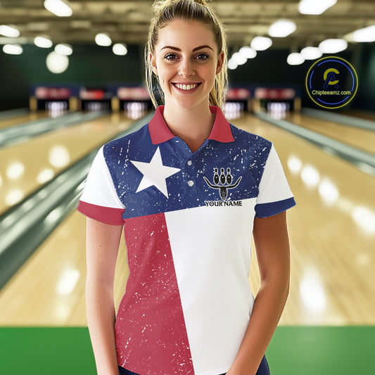 Grunge Texas Flag Bowling Polo, 1/4 Zip Shirts For Women Custom patriotic Texas Team Bowling Jerseys NQS11239