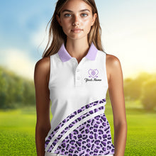 Load image into Gallery viewer, Purple leopard white Women sleeveless polo shirt custom name golf tops for ladies, unique golf gifts NQS9362