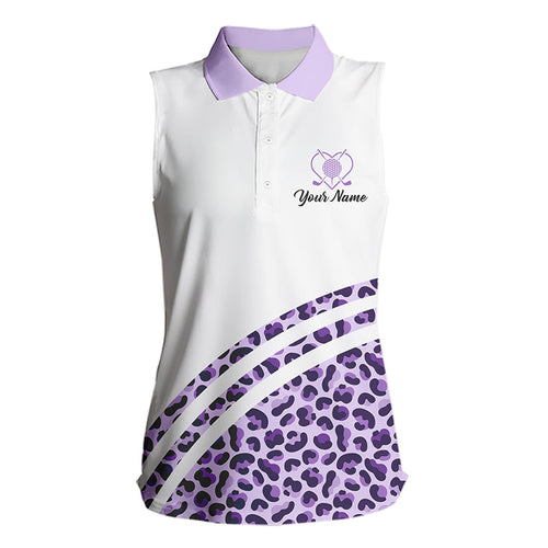 Purple leopard white Women sleeveless polo shirt custom name golf tops for ladies, unique golf gifts NQS9362