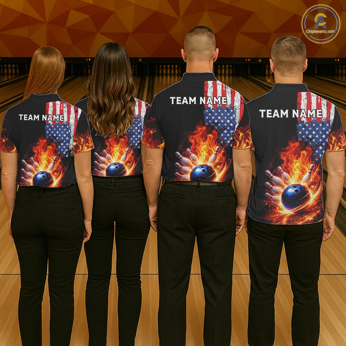 American Flag Flame bowling polo, quarter zip shirts for Women Custom patriotic team bowling jerseys NQS11432