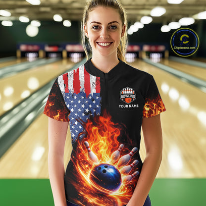 American Flag Flame bowling polo, quarter zip shirts for Women Custom patriotic team bowling jerseys NQS11432