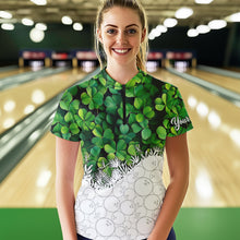 Load image into Gallery viewer, Women Bowling Shirts custom Green clover white bowling camo St Patrick Day Bowling attire for ladies NQS9501
