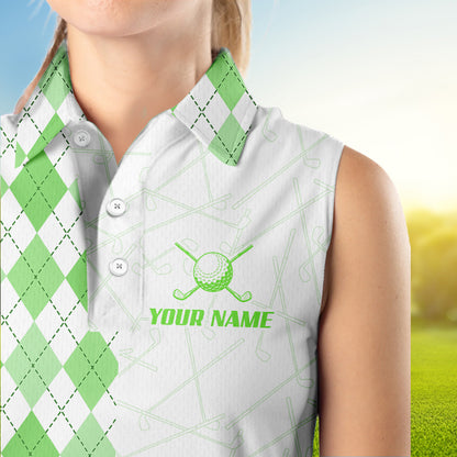 Green argyle pattern Women Sleeveless polo shirt custom peace love golf jersey, ladies golf attire NQS9505