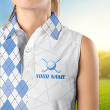 Load image into Gallery viewer, Blue argyle pattern Women Sleeveless polo shirt custom peace love golf jersey, ladies golf attire NQS9506