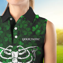 Load image into Gallery viewer, Green shamrock pattern Skeleton Women Sleeveless polo shirt custom St Patrick Day women golf attire NQS9513
