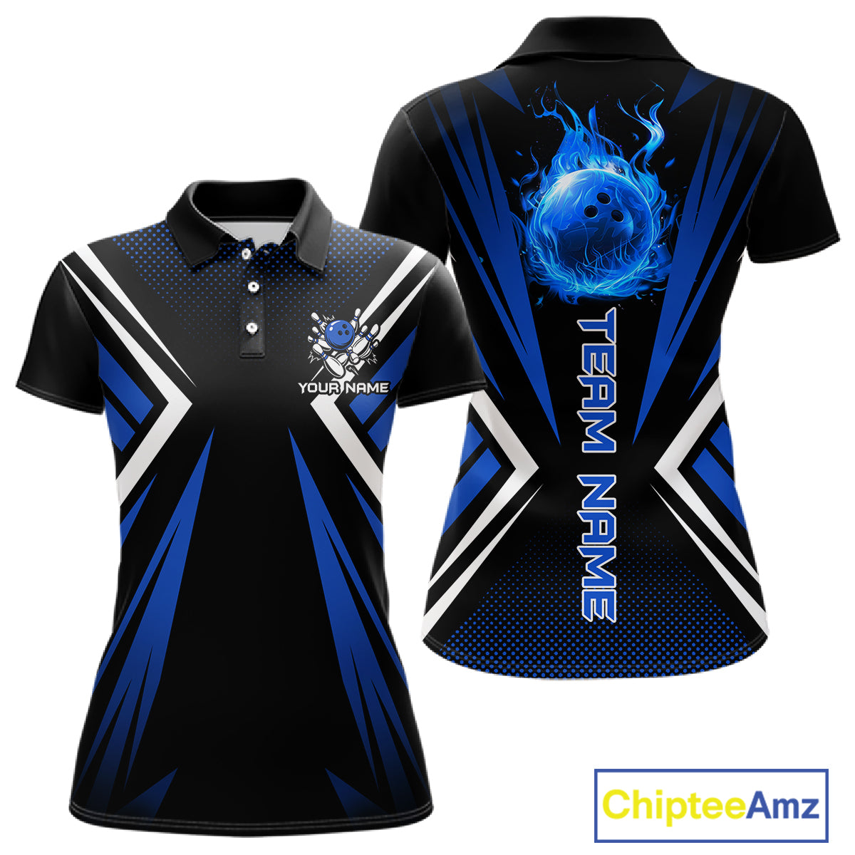 Black and Blue Flame Bowling Shirts For Women, Team Bowling Shirts Custom bowling attire for ladies NQS11634
