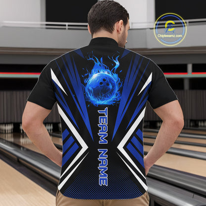Black and Blue Flame Bowling Shirts For Men, Team Bowling Shirts Custom bowling attire for men NQS11634
