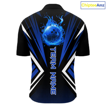 Black and Blue Flame Bowling Shirts For Men, Team Bowling Shirts Custom bowling attire for men NQS11634