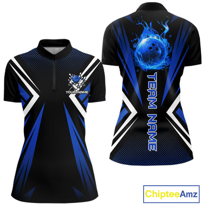 Black and Blue Flame Bowling Shirts For Women, Team Bowling Shirts Custom bowling attire for ladies NQS11634