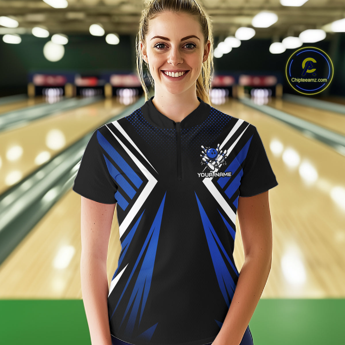 Black and Blue Flame Bowling Shirts For Women, Team Bowling Shirts Custom bowling attire for ladies NQS11634