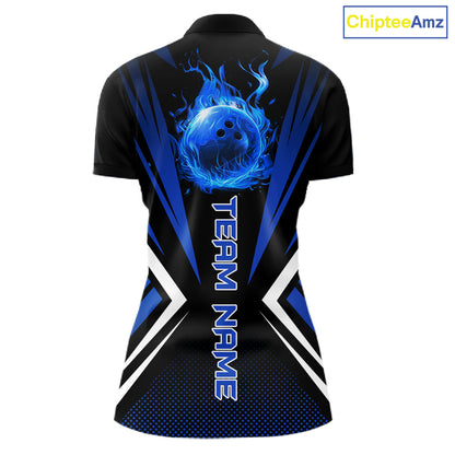 Black and Blue Flame Bowling Shirts For Women, Team Bowling Shirts Custom bowling attire for ladies NQS11634