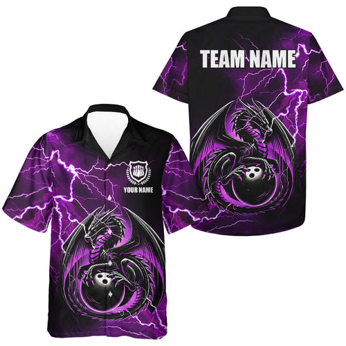 Personalized Black And Purple Thunder Lightning Dragon Bowling Hawaiian shirts, Bowling Team Uniform NQS9666