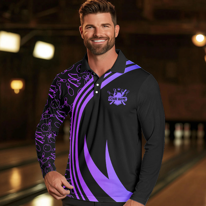 Black Mens bowling shirts Custom Purple neon team league bowling jerseys, gifts for bowlers NQS9667