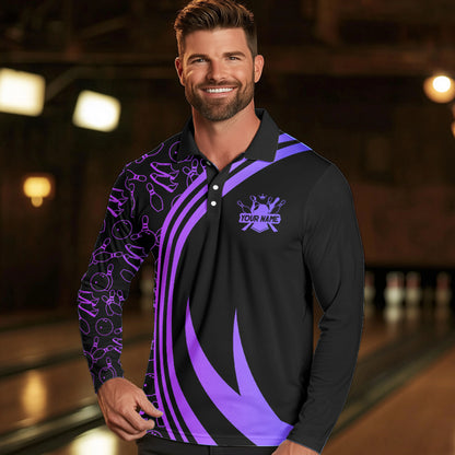 Black Mens bowling shirts Custom Purple neon team league bowling jerseys, gifts for bowlers NQS9667