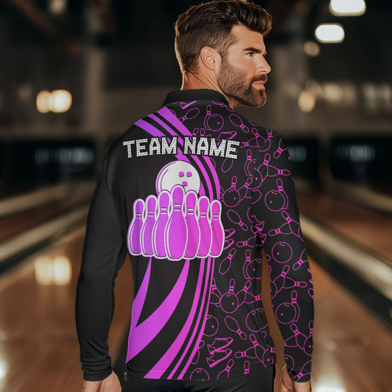 Black Mens bowling shirts Custom Pink neon team league bowling jerseys, gifts for bowlers NQS9668