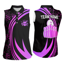 Load image into Gallery viewer, Black Women Sleeveless Polo Shirt Custom Pink neon team league bowling jerseys, gifts for bowlers NQS9668