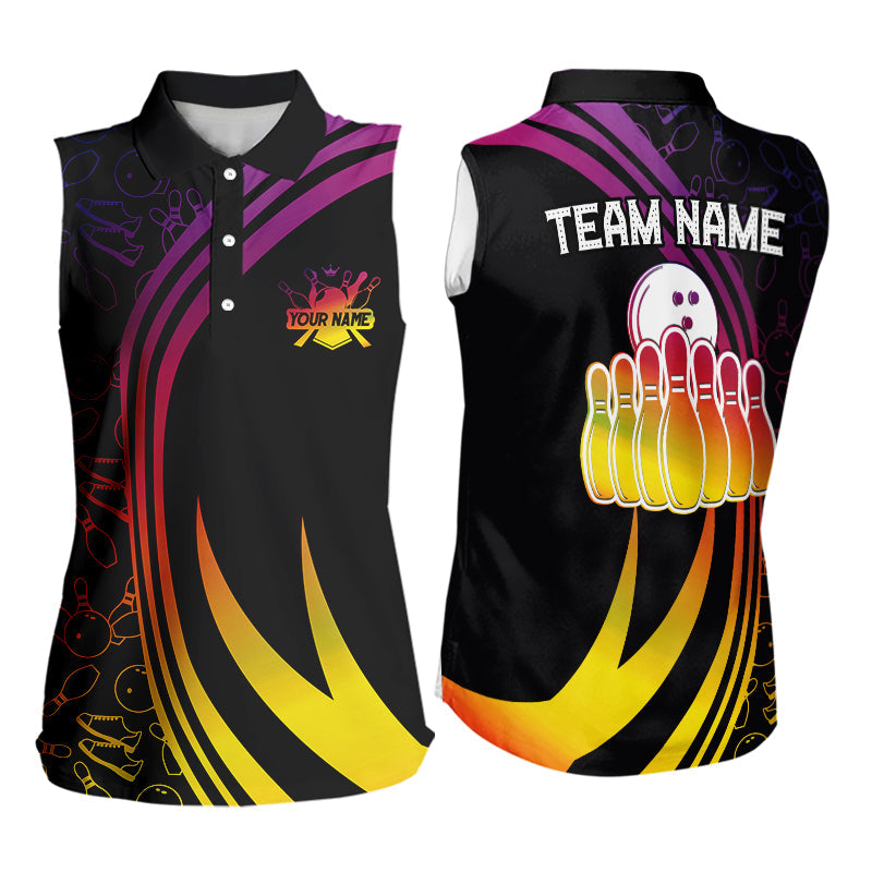Black Women Sleeveless Polo Shirt Custom Colorful neon team league bowling jerseys, gifts for bowlers NQS9669