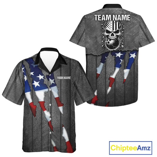 American Flag metal pattern Skull Bowling Button-up Shirts Custom patriotic Bowling Team Jerseys NQS11734