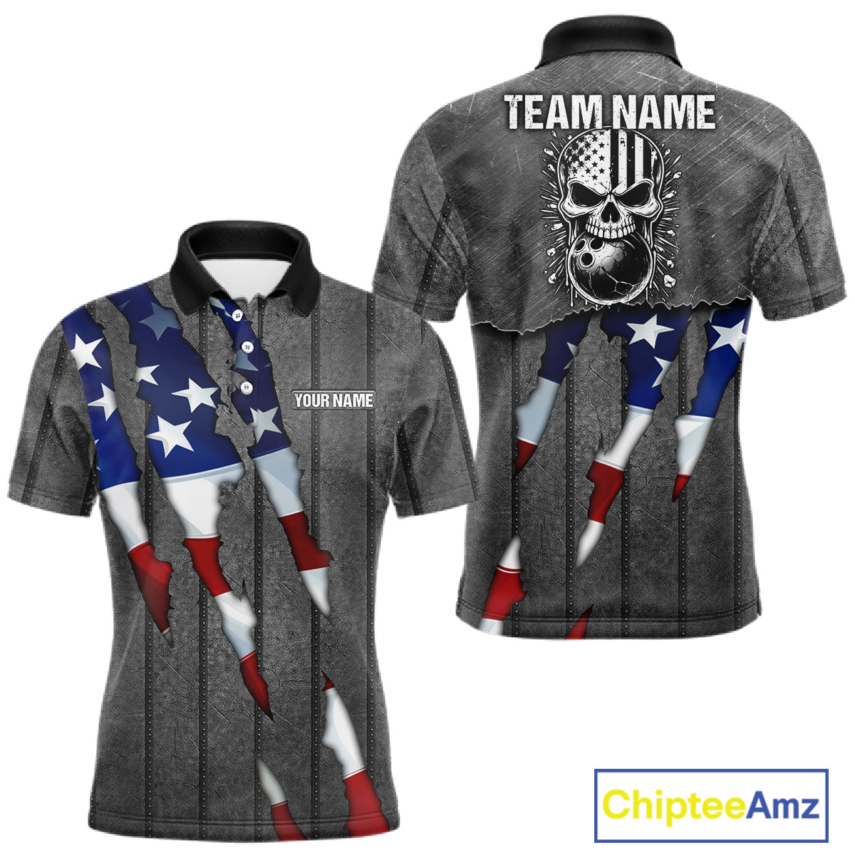 American Flag metal pattern Skull Bowling Shirts For Men Custom patriotic Bowling Team Jerseys NQS11734