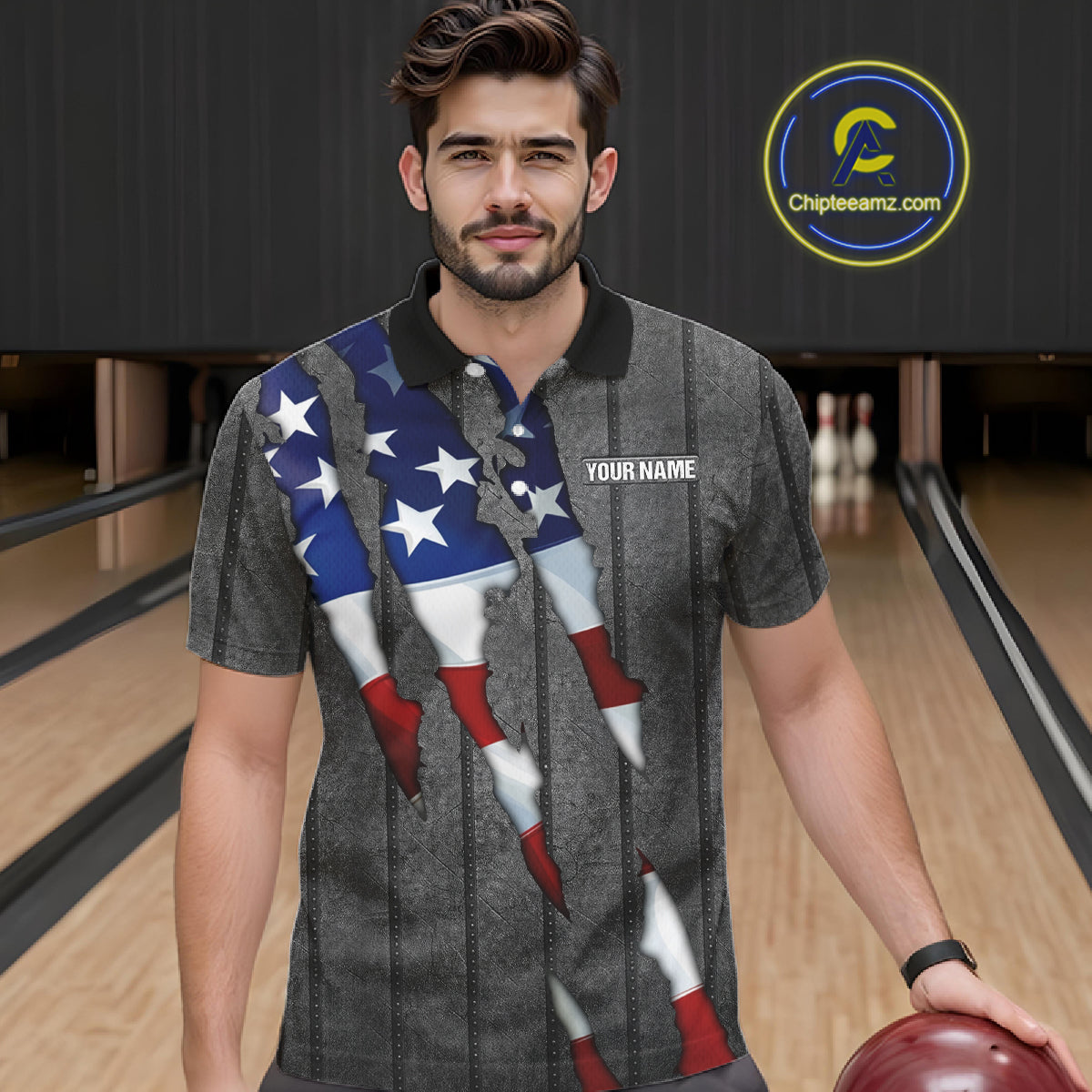 American Flag metal pattern Skull Bowling Shirts For Men Custom patriotic Bowling Team Jerseys NQS11734