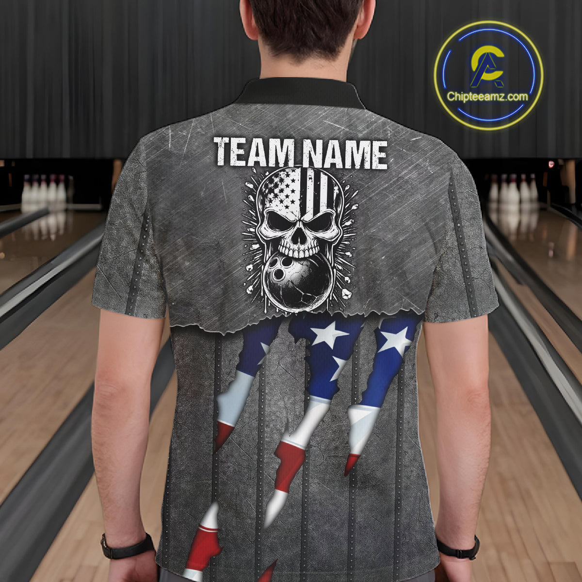 American Flag metal pattern Skull Bowling Shirts For Men Custom patriotic Bowling Team Jerseys NQS11734