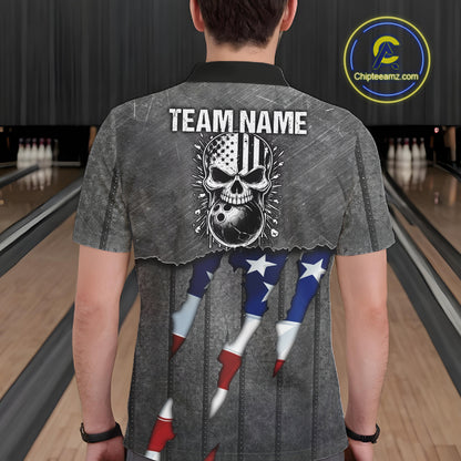 American Flag metal pattern Skull Bowling Shirts For Men Custom patriotic Bowling Team Jerseys NQS11734