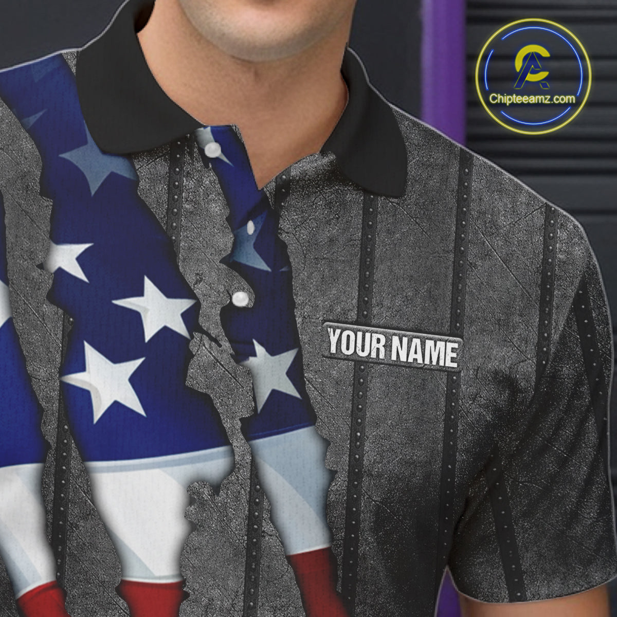 American Flag metal pattern Skull Bowling Shirts For Men Custom patriotic Bowling Team Jerseys NQS11734